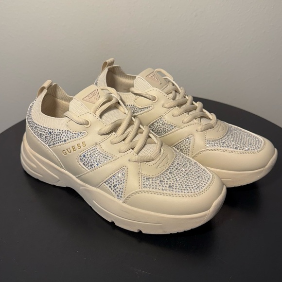 GUESS Welna Embellished Rhinestone Athletic Tennis Shoe Sneaker Beige - Picture 2 of 6